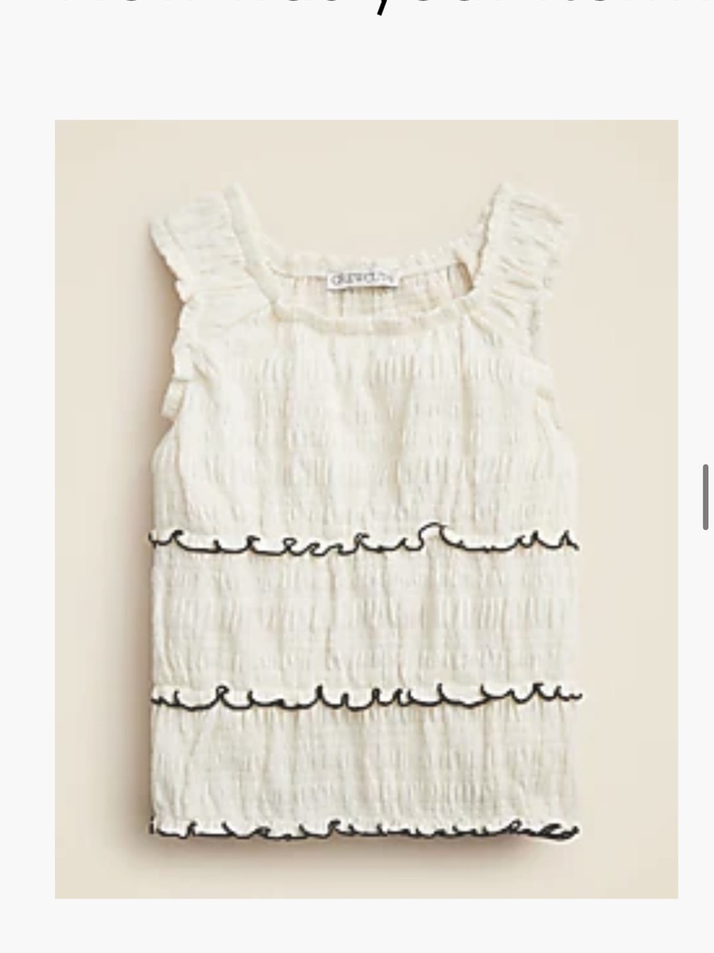 Crewcuts by J.Crew Girls Cream Ruffle Tank Top with Black Trim. size 10 EUC!